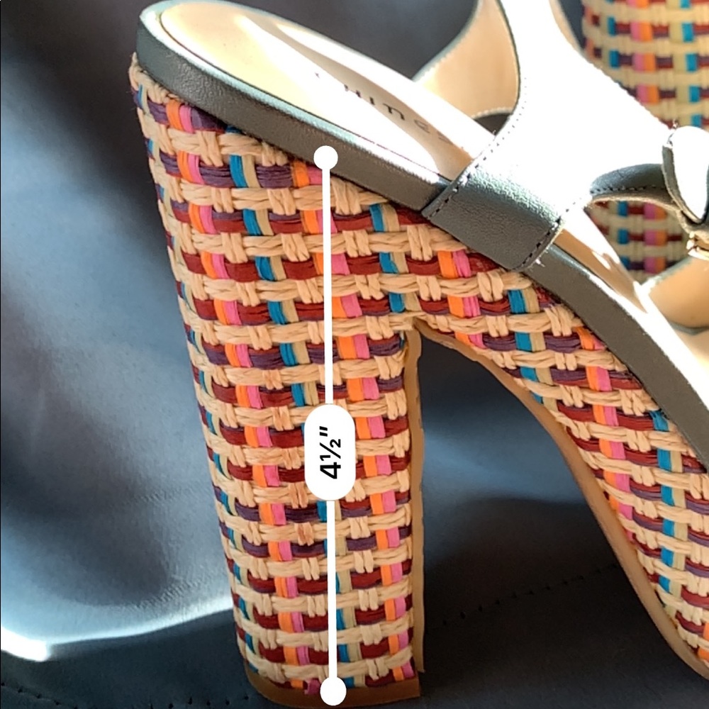 Chinese Laundry Teal Leather Platform Sandals with Multicolor Woven Heel - Picture 7 of 7